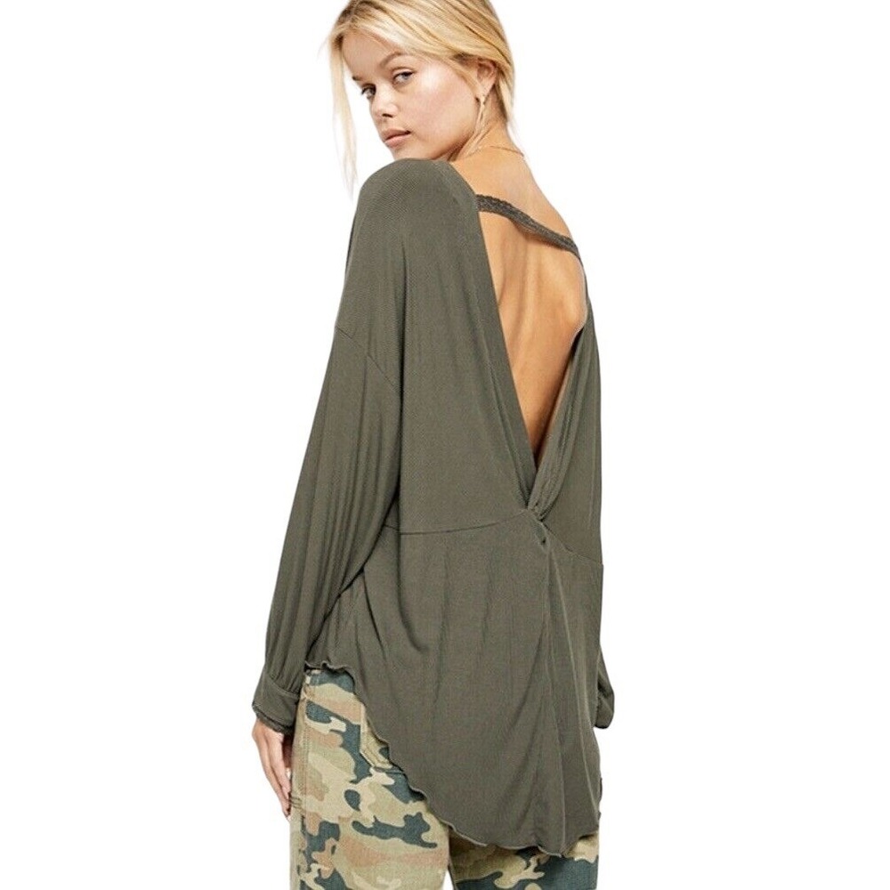 Free People Shimmy And Shake Army Green Open Back Tunic Top Womens Size XS